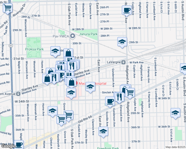 map of restaurants, bars, coffee shops, grocery stores, and more near 3219 Clarence Avenue in Berwyn