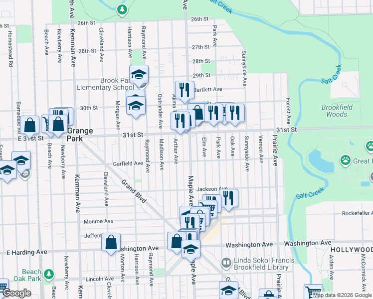 map of restaurants, bars, coffee shops, grocery stores, and more near 3136 Maple Avenue in Brookfield