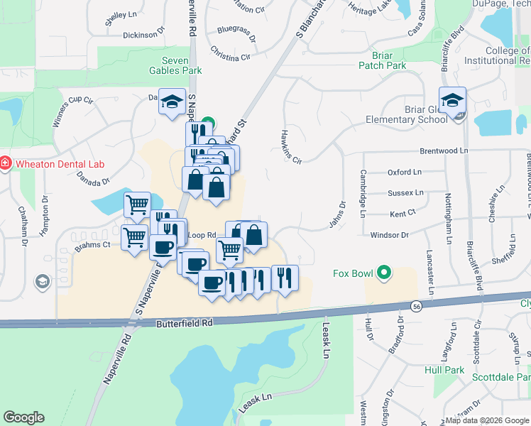 map of restaurants, bars, coffee shops, grocery stores, and more near 12 Sterling Circle in Wheaton