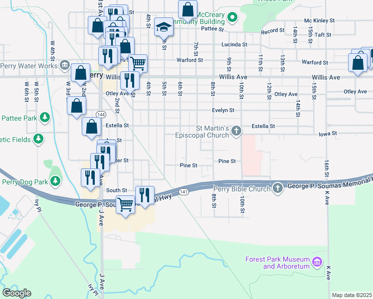 map of restaurants, bars, coffee shops, grocery stores, and more near 623 Grove Street in Perry