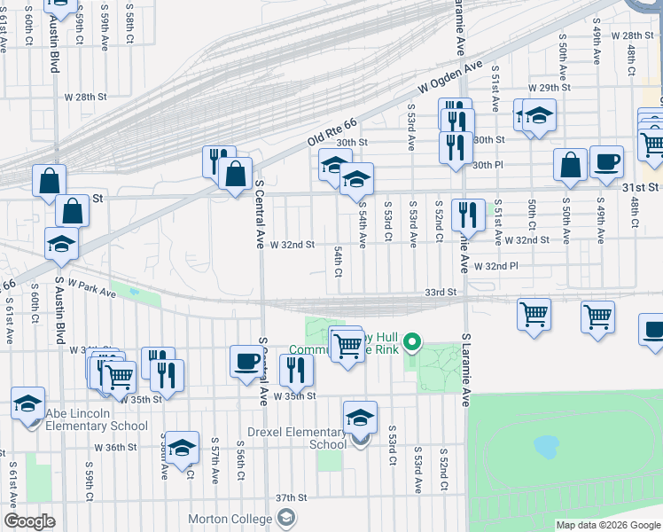 map of restaurants, bars, coffee shops, grocery stores, and more near 3224 54th Court in Cicero