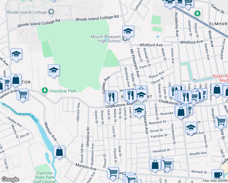 map of restaurants, bars, coffee shops, grocery stores, and more near 91 Manomet Street in Providence