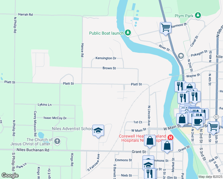 map of restaurants, bars, coffee shops, grocery stores, and more near 700 Platt Street in Niles