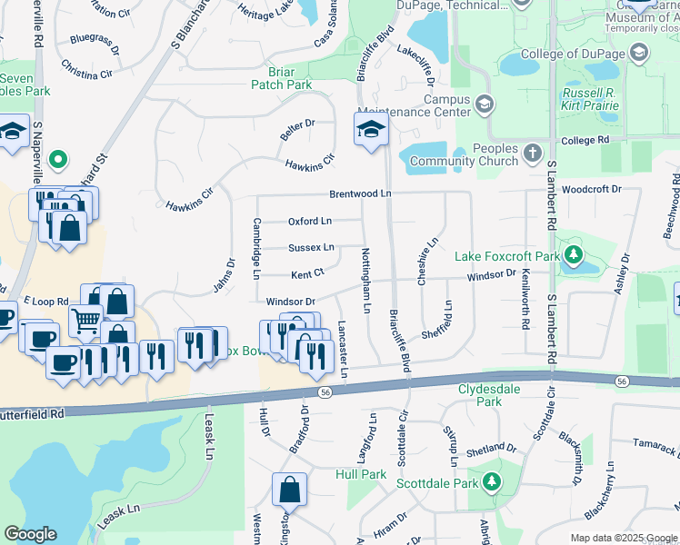 map of restaurants, bars, coffee shops, grocery stores, and more near 1350 Kent Court in Wheaton
