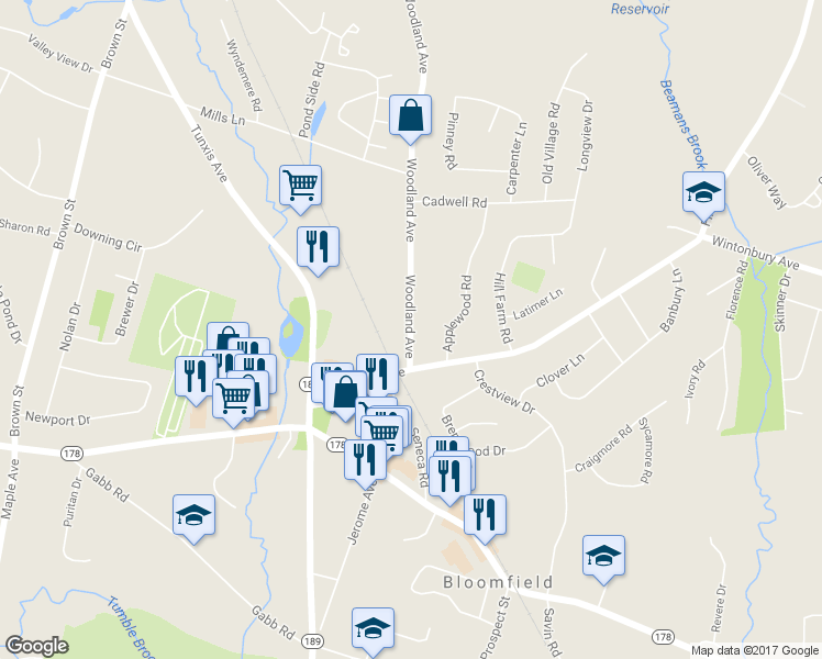 map of restaurants, bars, coffee shops, grocery stores, and more near 40 Woodland Avenue in Bloomfield