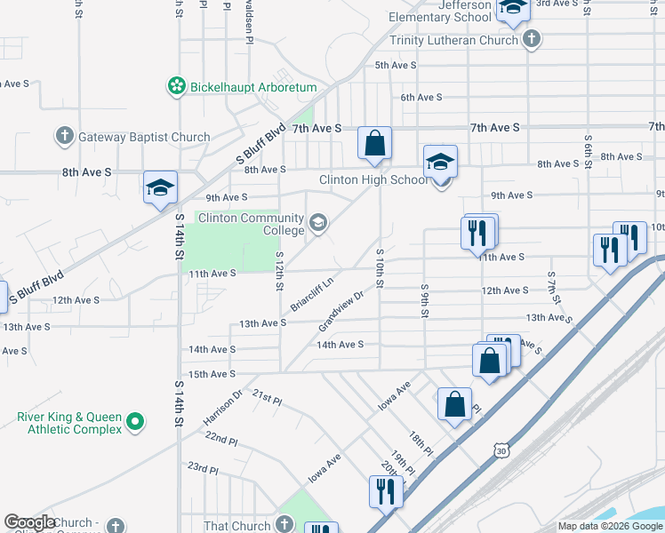 map of restaurants, bars, coffee shops, grocery stores, and more near 1128 Briarcliff Lane in Clinton