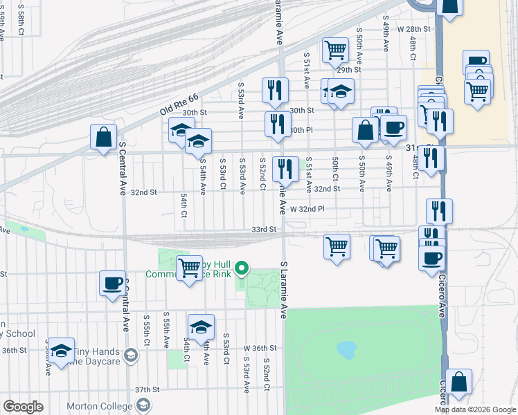 map of restaurants, bars, coffee shops, grocery stores, and more near 3233 South 52nd Court in Cicero