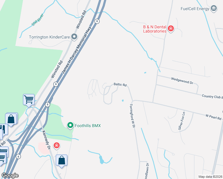 map of restaurants, bars, coffee shops, grocery stores, and more near 33 Rockledge Loop in Torrington
