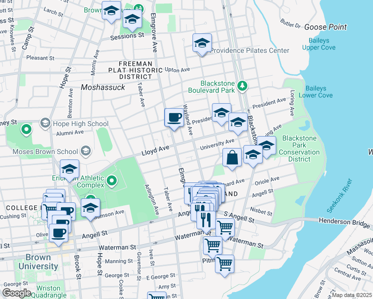 map of restaurants, bars, coffee shops, grocery stores, and more near 97 University Avenue in Providence