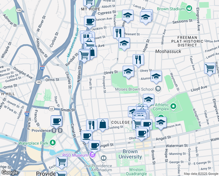 map of restaurants, bars, coffee shops, grocery stores, and more near 141 Prospect Street in Providence