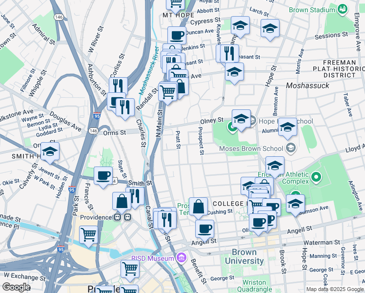 map of restaurants, bars, coffee shops, grocery stores, and more near 153 Congdon Street in Providence