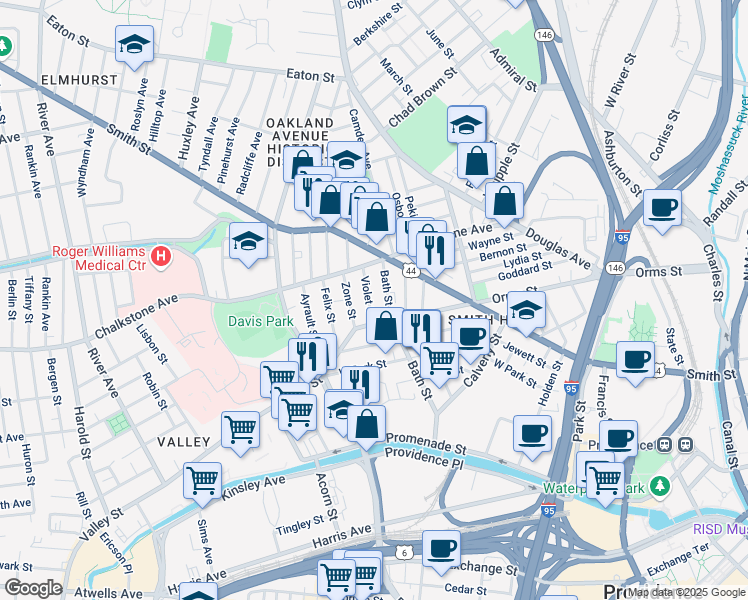 map of restaurants, bars, coffee shops, grocery stores, and more near 119 Bath Street in Providence