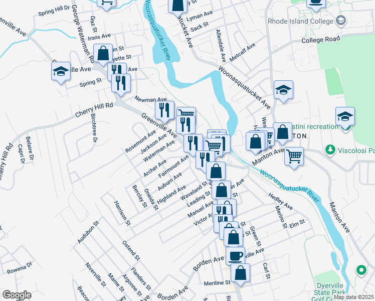 map of restaurants, bars, coffee shops, grocery stores, and more near 5 Archer Avenue in Johnston