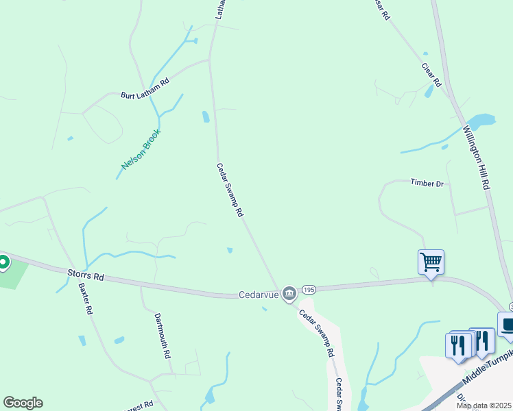 map of restaurants, bars, coffee shops, grocery stores, and more near 174 Cedar Swamp Road in Mansfield