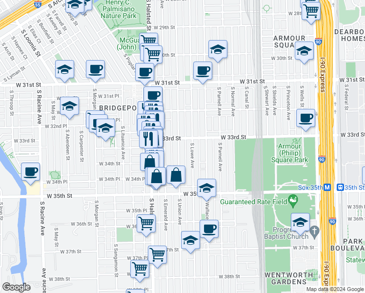 map of restaurants, bars, coffee shops, grocery stores, and more near 3331 South Union Avenue in Chicago