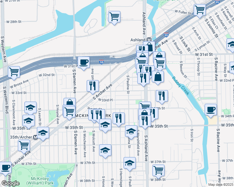map of restaurants, bars, coffee shops, grocery stores, and more near 1724 West 33rd Place in Chicago