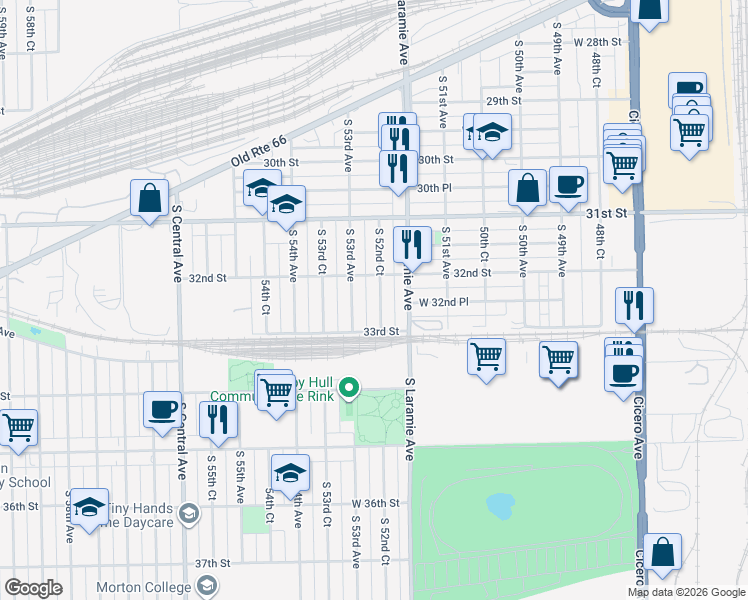 map of restaurants, bars, coffee shops, grocery stores, and more near 3233 South 52nd Court in Cicero