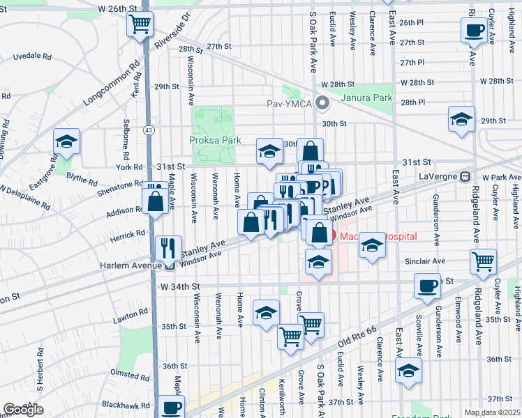 map of restaurants, bars, coffee shops, grocery stores, and more near 3217 Clinton Avenue in Berwyn