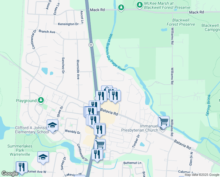 map of restaurants, bars, coffee shops, grocery stores, and more near 29W549 Country Ridge Drive in Warrenville