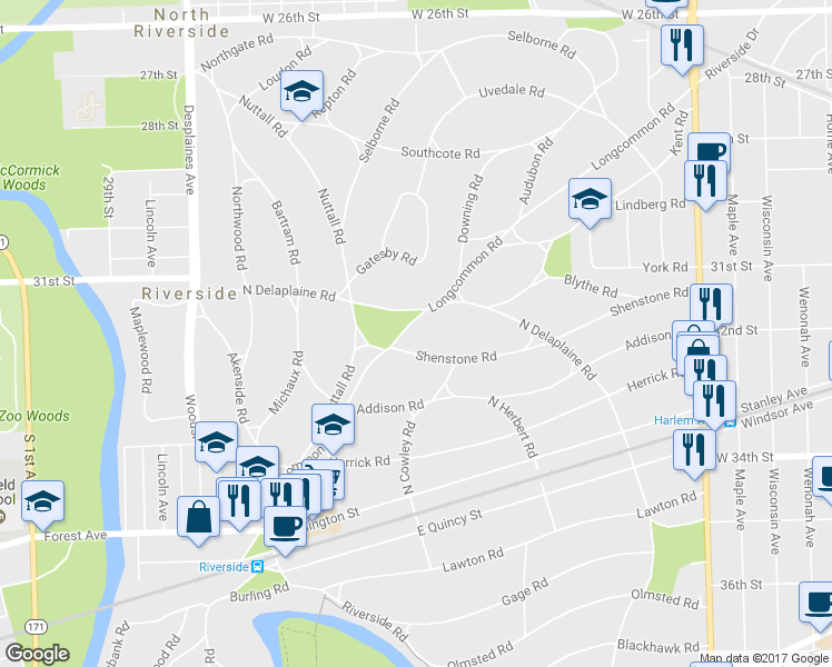 map of restaurants, bars, coffee shops, grocery stores, and more near 225 Longcommon Road in Riverside