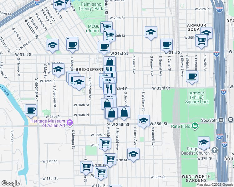 map of restaurants, bars, coffee shops, grocery stores, and more near South Emerald Avenue in Chicago