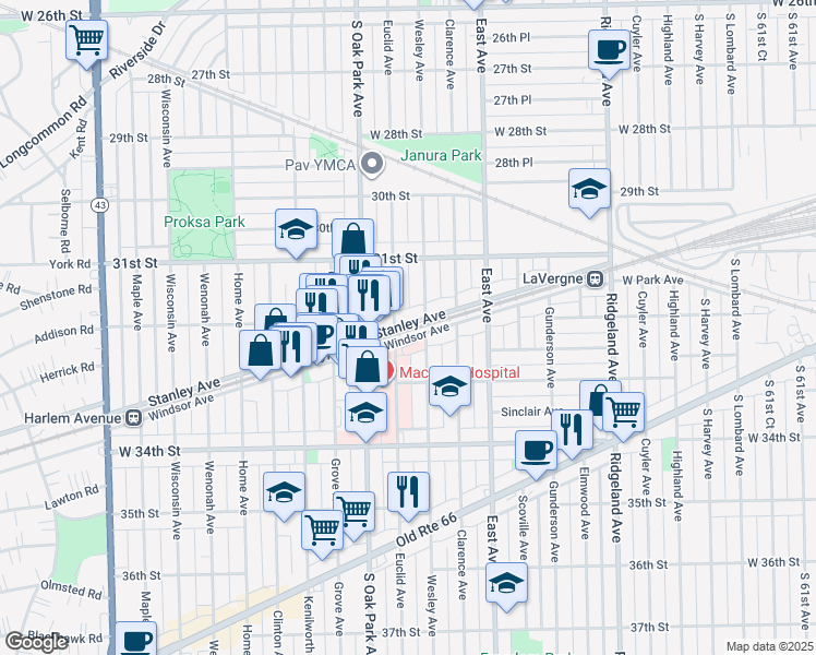 map of restaurants, bars, coffee shops, grocery stores, and more near in Stickney