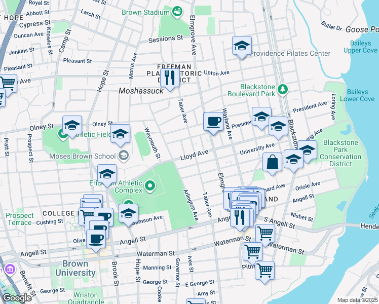 map of restaurants, bars, coffee shops, grocery stores, and more near 126 Taber Avenue in Providence