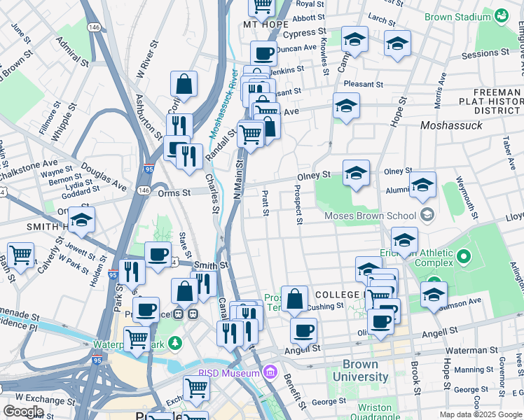 map of restaurants, bars, coffee shops, grocery stores, and more near 17 Halsey Street in Providence