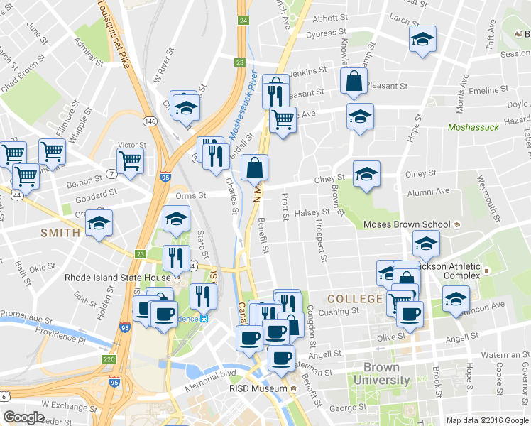 map of restaurants, bars, coffee shops, grocery stores, and more near 17 Halsey Street in Providence