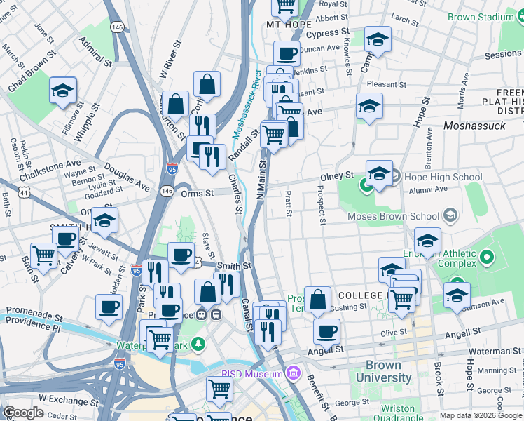 map of restaurants, bars, coffee shops, grocery stores, and more near 397 North Main Street in Providence