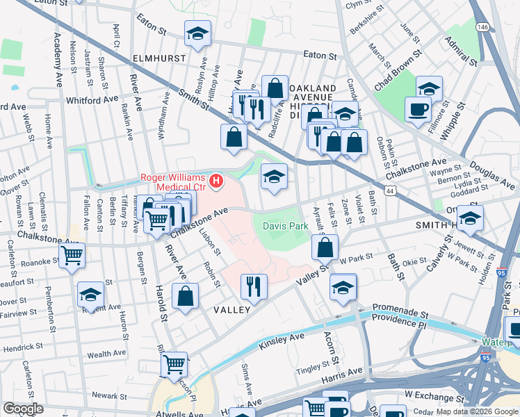 map of restaurants, bars, coffee shops, grocery stores, and more near 772 Chalkstone Avenue in Providence