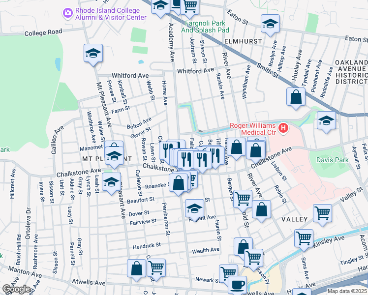 map of restaurants, bars, coffee shops, grocery stores, and more near 36A Fallon Avenue in Providence