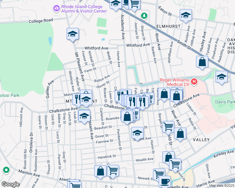 map of restaurants, bars, coffee shops, grocery stores, and more near 31 Lawn Street in Providence