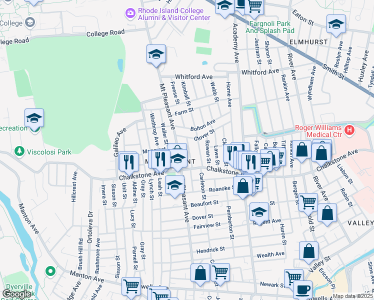 map of restaurants, bars, coffee shops, grocery stores, and more near 259 Mount Pleasant Avenue in Providence
