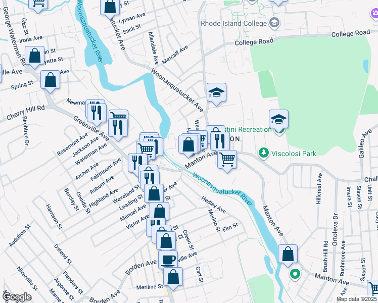 map of restaurants, bars, coffee shops, grocery stores, and more near 989 Manton Avenue in Providence