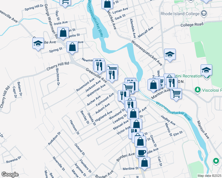 map of restaurants, bars, coffee shops, grocery stores, and more near 5 Archer Avenue in Johnston