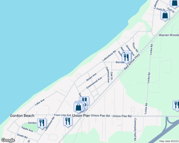 map of restaurants, bars, coffee shops, grocery stores, and more near 15795 Center Avenue in Union Pier