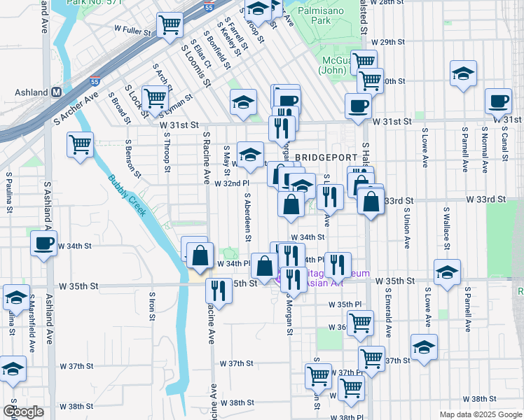 map of restaurants, bars, coffee shops, grocery stores, and more near 3326 South Carpenter Street in Chicago