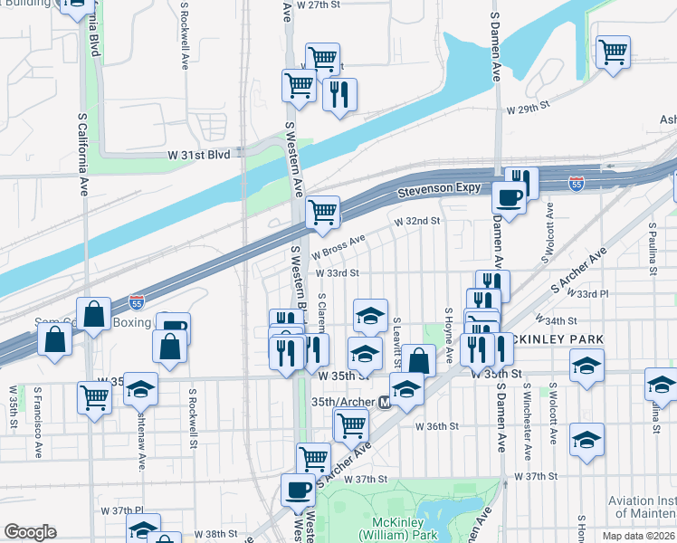 map of restaurants, bars, coffee shops, grocery stores, and more near 3313 South Oakley Avenue in Chicago