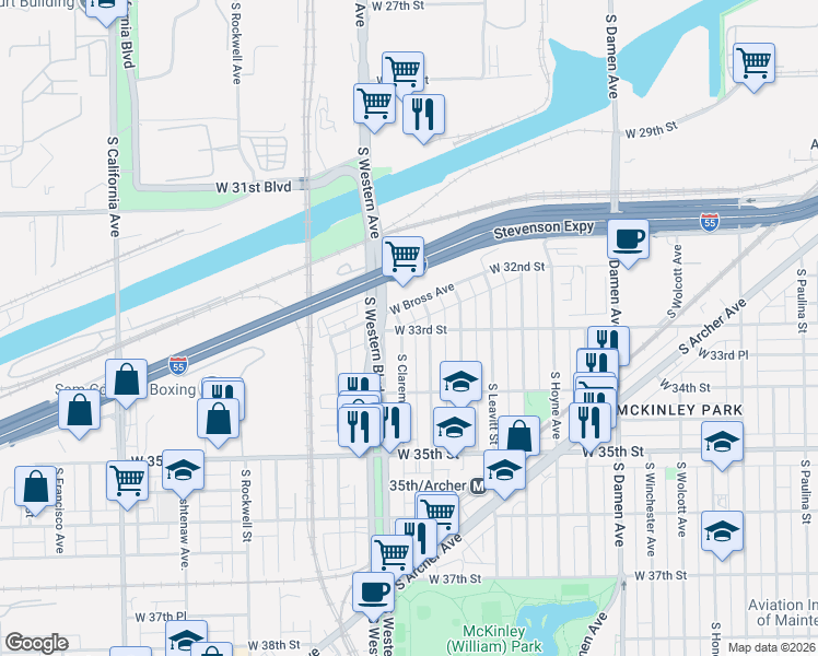 map of restaurants, bars, coffee shops, grocery stores, and more near 3313 South Western Avenue in Chicago