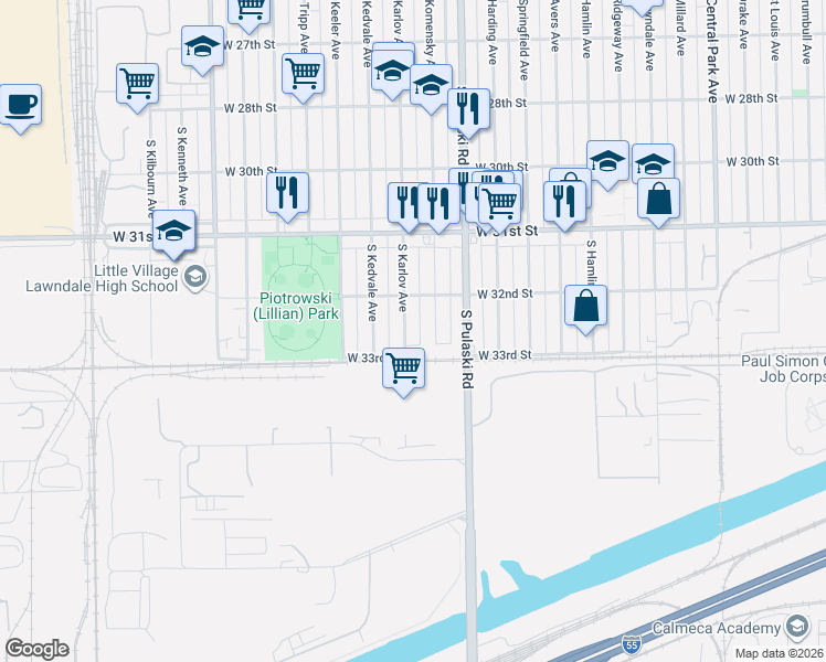 map of restaurants, bars, coffee shops, grocery stores, and more near 3248 South Komensky Avenue in Chicago
