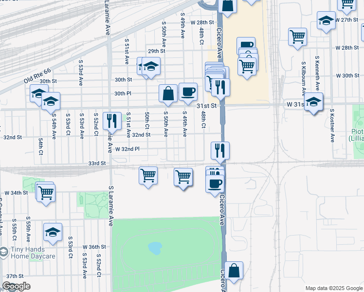 map of restaurants, bars, coffee shops, grocery stores, and more near 3235 South 49th Avenue in Cicero