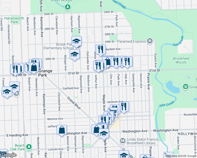 map of restaurants, bars, coffee shops, grocery stores, and more near 3136 Maple Avenue in Brookfield