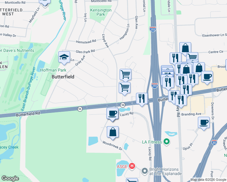 map of restaurants, bars, coffee shops, grocery stores, and more near 2S636 Lloyd Avenue in Lombard