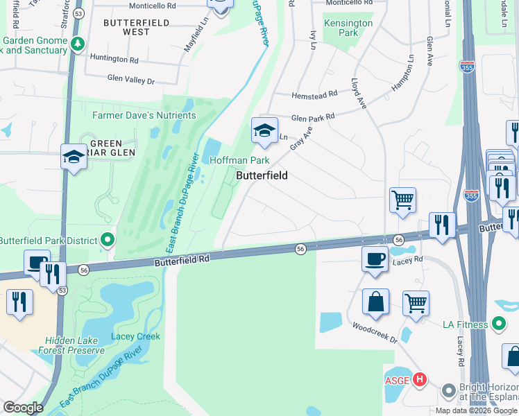 map of restaurants, bars, coffee shops, grocery stores, and more near 2S616 Audubon Court in Lombard