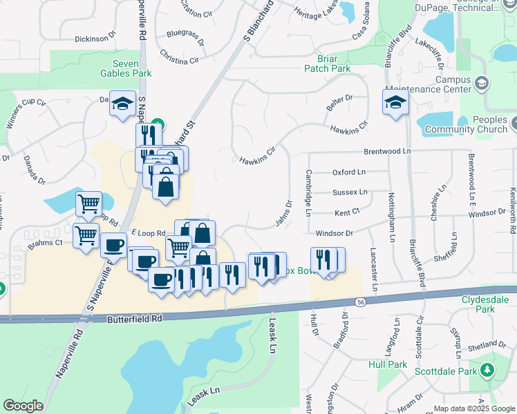 map of restaurants, bars, coffee shops, grocery stores, and more near 55 Kensington Cir in Wheaton