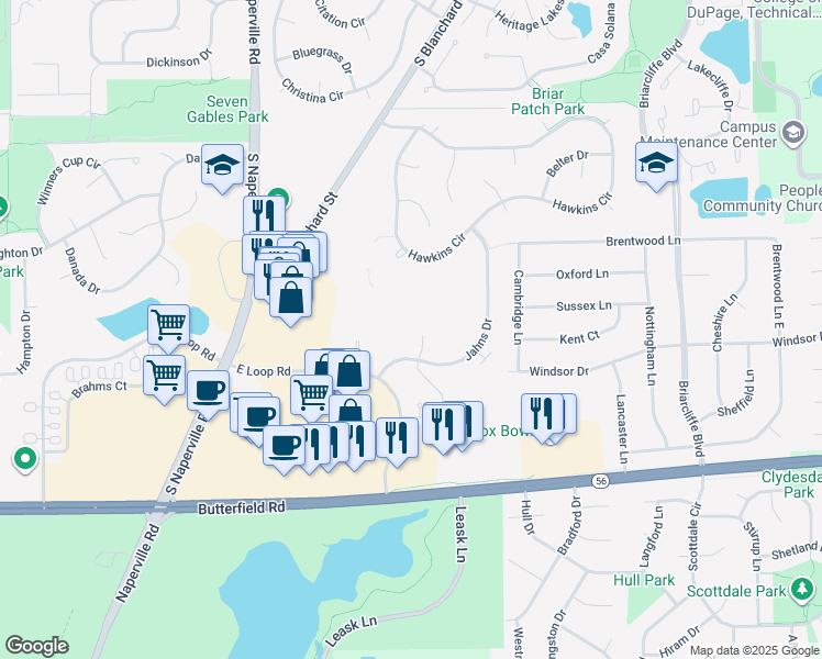 map of restaurants, bars, coffee shops, grocery stores, and more near 55 Kensington Cir in Wheaton
