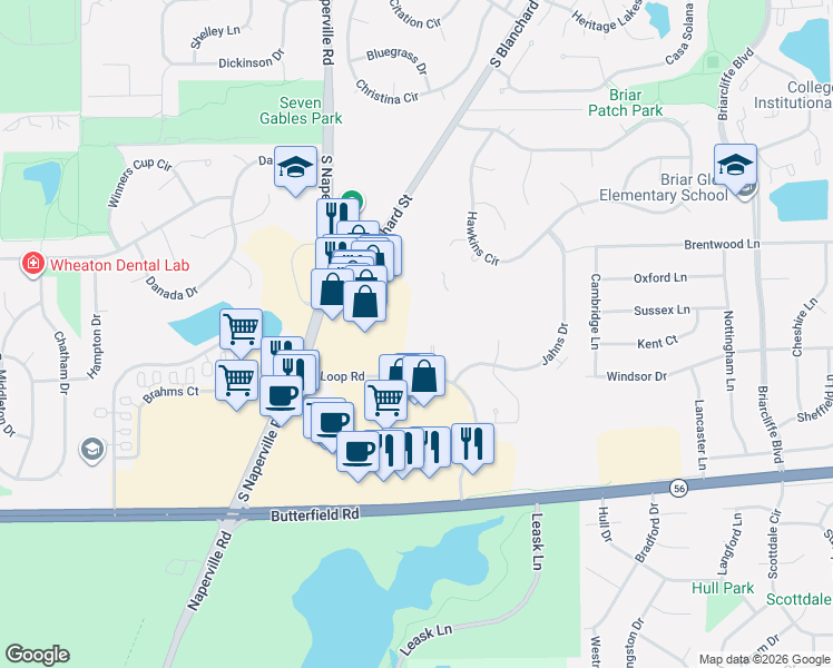 map of restaurants, bars, coffee shops, grocery stores, and more near 12 Sterling Circle in Wheaton