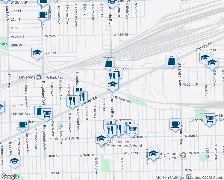 map of restaurants, bars, coffee shops, grocery stores, and more near W Ogden Ave & S Austin Blvd in Cicero
