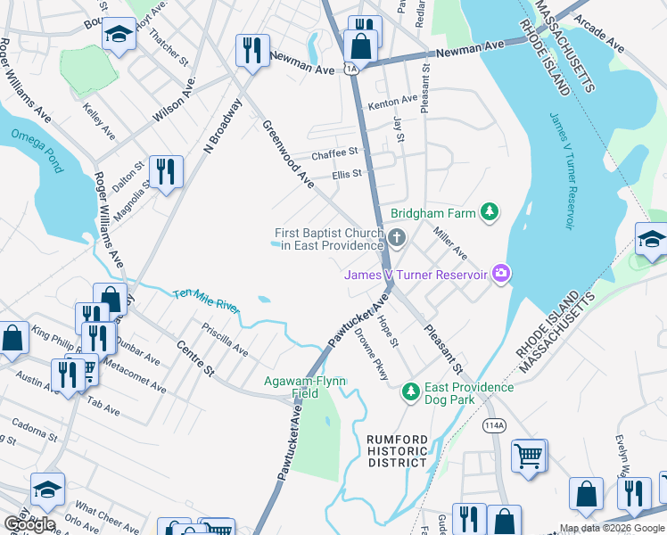 map of restaurants, bars, coffee shops, grocery stores, and more near 26 Doro Place in East Providence